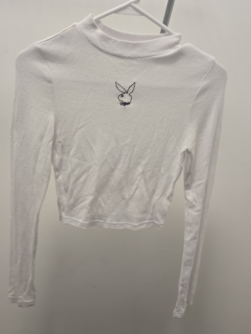 White Long-Sleeve Mock Neck Top with Embroidered Playboy Logo